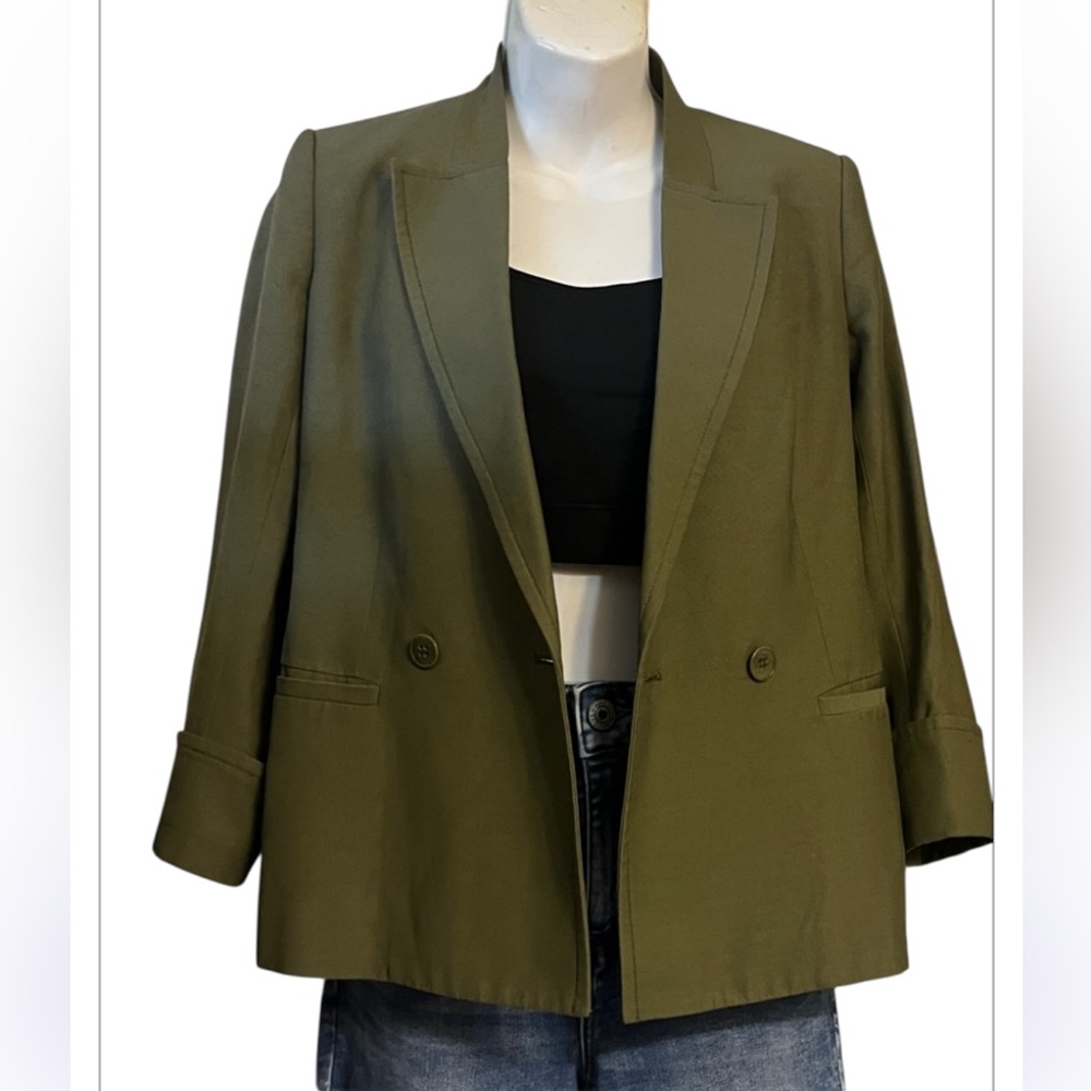 Theory Woman’s Olive Army Green Double-Breasted Trench Blazer Cropped Jacket